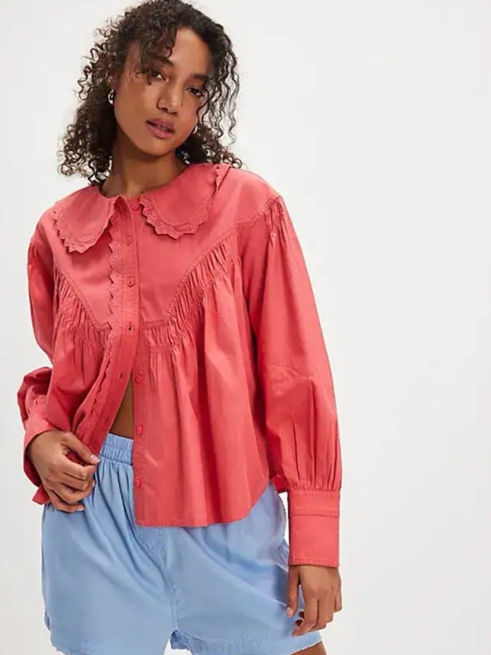 NWT Free People Coral Button-Front Smocked Blouse